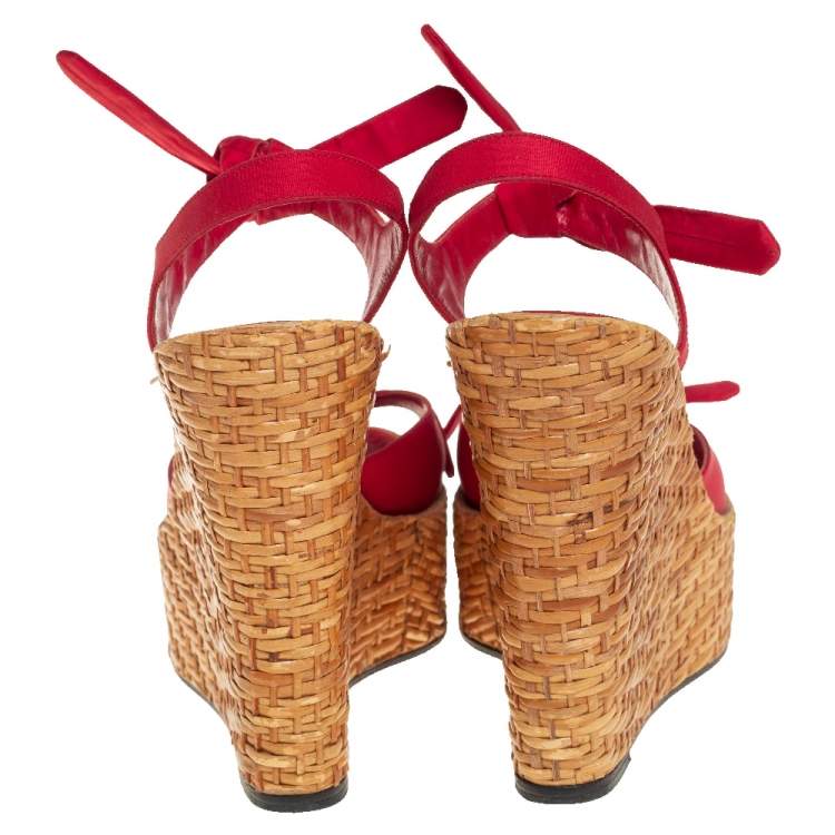 Pre Owned Dolce & Gabbana Red Canvas Wedge Ankle Strap Sandals Size 38