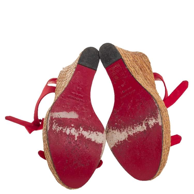 Pre Owned Dolce & Gabbana Red Canvas Wedge Ankle Strap Sandals Size 38