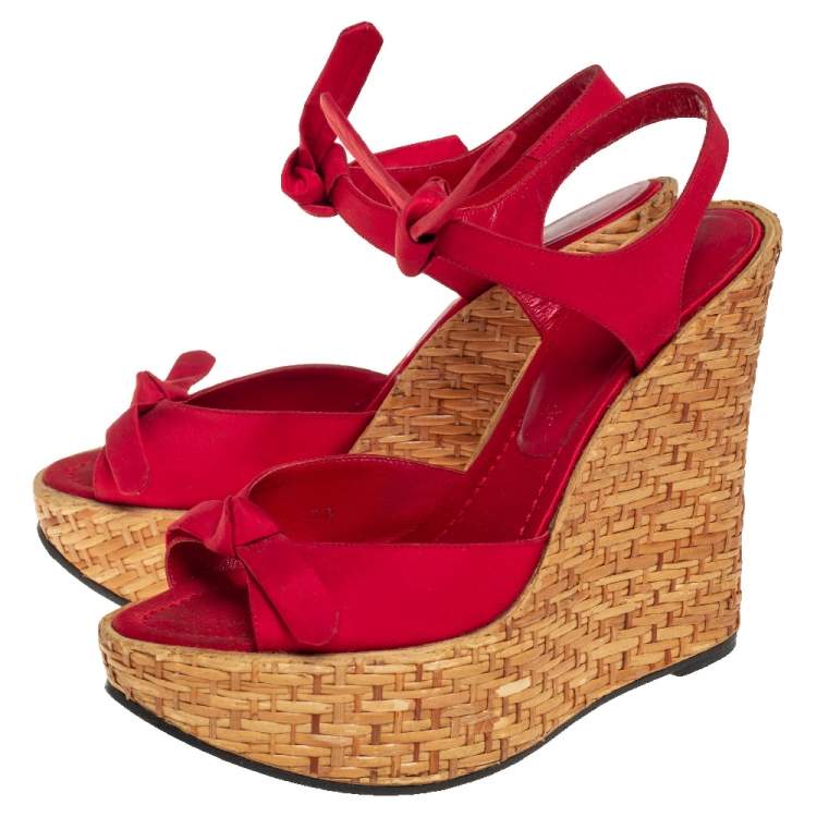 Pre Owned Dolce & Gabbana Red Canvas Wedge Ankle Strap Sandals Size 38