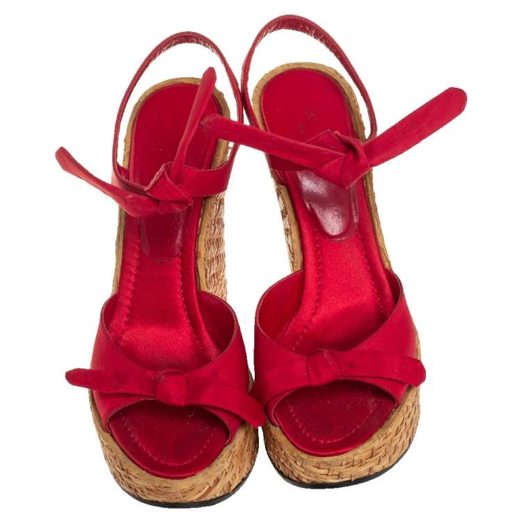 Pre Owned Dolce & Gabbana Red Canvas Wedge Ankle Strap Sandals Size 38