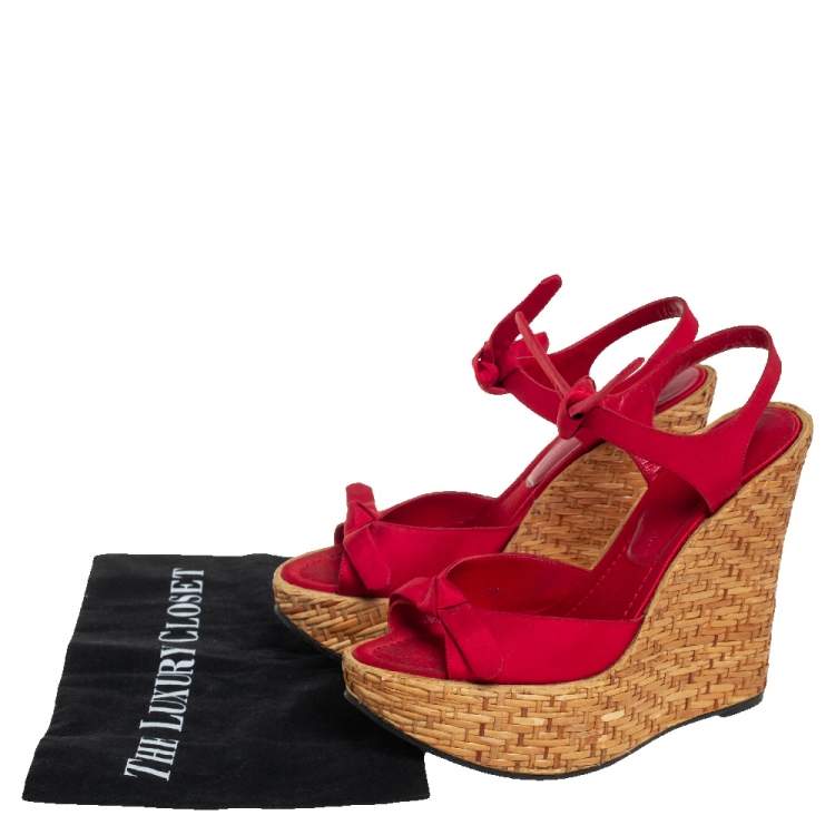 Pre Owned Dolce & Gabbana Red Canvas Wedge Ankle Strap Sandals Size 38