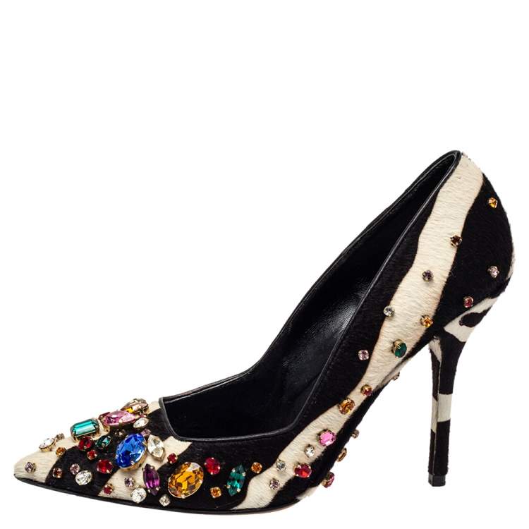 Pre Owned Dolce & Gabbana Black/White Leather And Calf Hair Bellucci Crystal Embellished Pumps Size 37.5