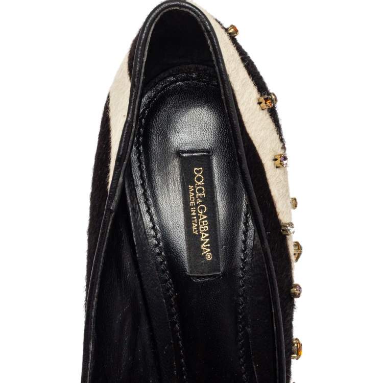 Pre Owned Dolce & Gabbana Black/White Leather And Calf Hair Bellucci Crystal Embellished Pumps Size 37.5
