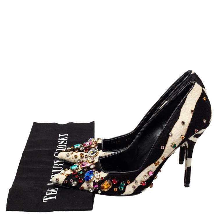 Pre Owned Dolce & Gabbana Black/White Leather And Calf Hair Bellucci Crystal Embellished Pumps Size 37.5