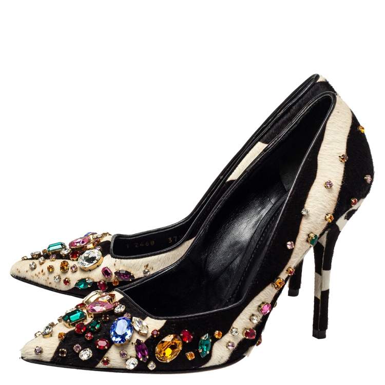 Pre Owned Dolce & Gabbana Black/White Leather And Calf Hair Bellucci Crystal Embellished Pumps Size 37.5