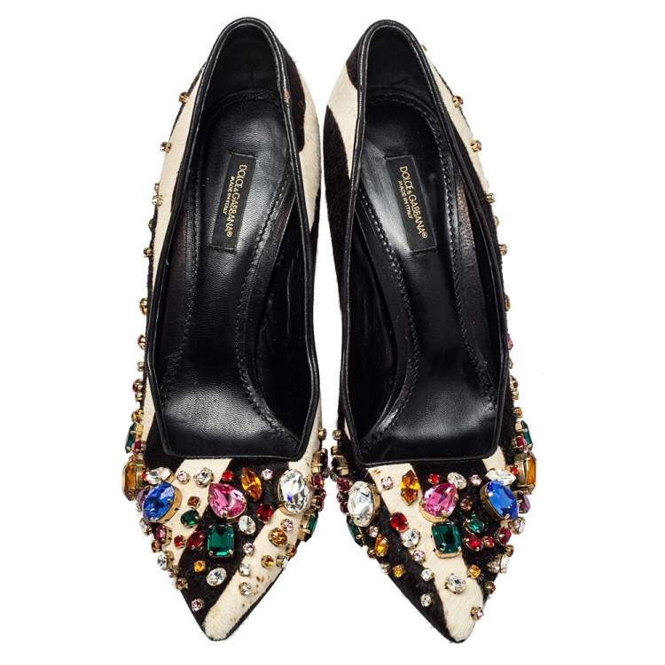 Pre Owned Dolce & Gabbana Black/White Leather And Calf Hair Bellucci Crystal Embellished Pumps Size 37.5