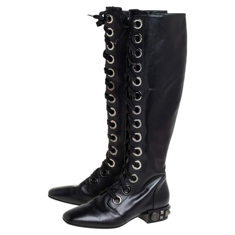 Pre Owned Dolce & Gabbana Black Leather Jackie Lace Up Knee Length Boots Size 41