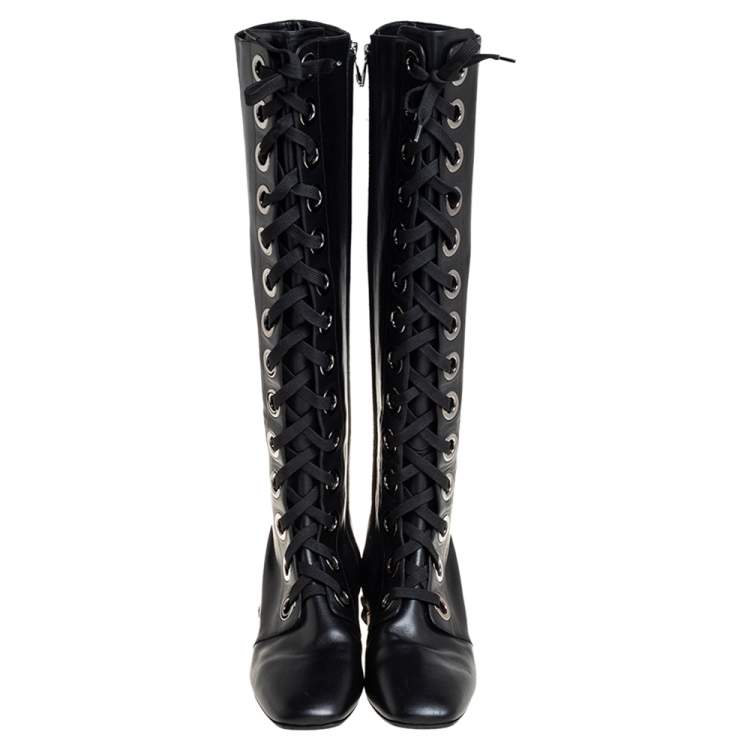 Pre Owned Dolce & Gabbana Black Leather Jackie Lace Up Knee Length Boots Size 41