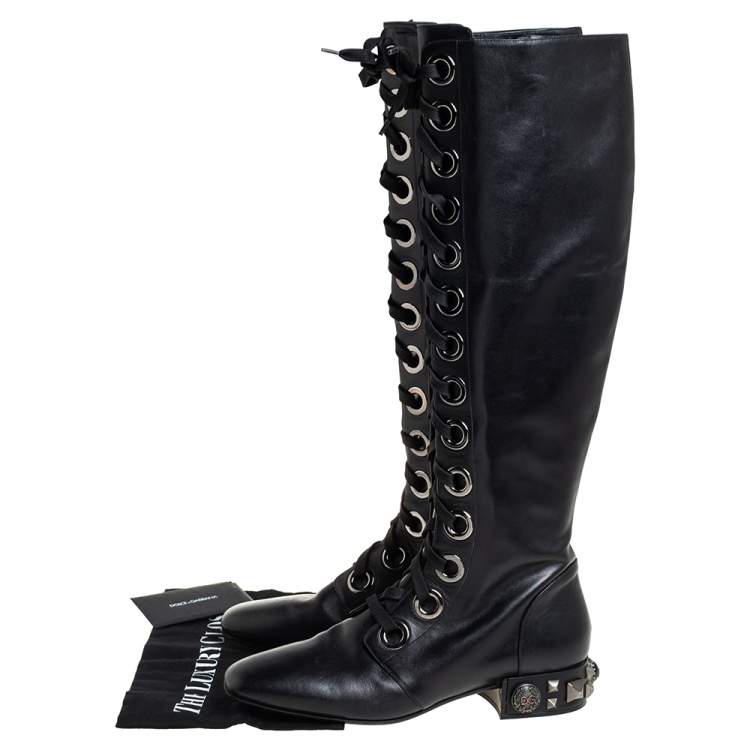 Pre Owned Dolce & Gabbana Black Leather Jackie Lace Up Knee Length Boots Size 41