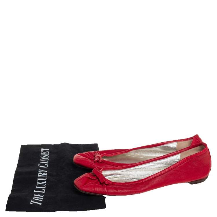 Pre Owned Dolce & Gabbana Red Leather Bow Ballet Flats Size 38.5