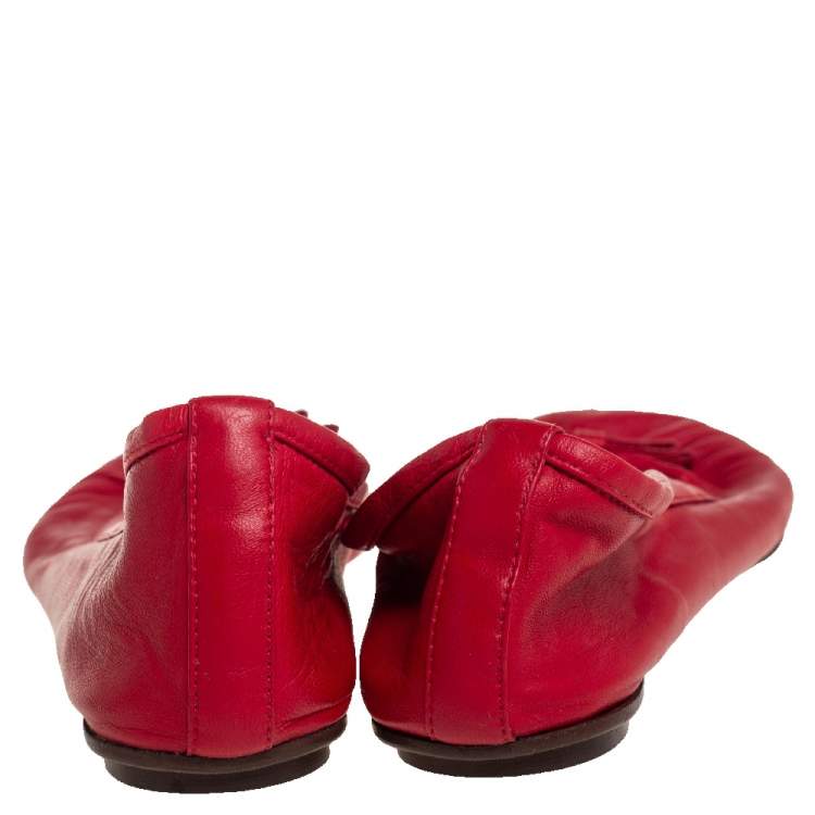 Pre Owned Dolce & Gabbana Red Leather Bow Ballet Flats Size 38.5