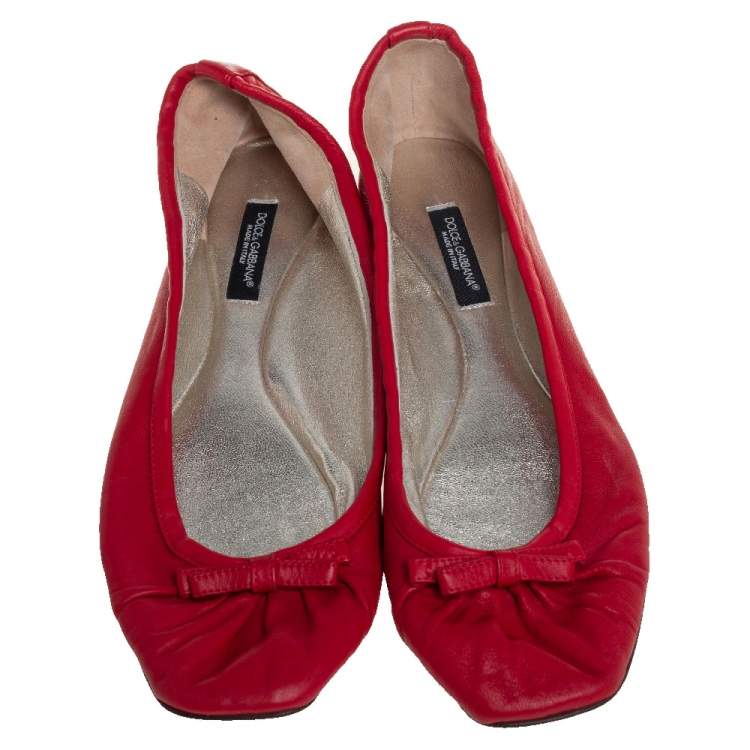Pre Owned Dolce & Gabbana Red Leather Bow Ballet Flats Size 38.5