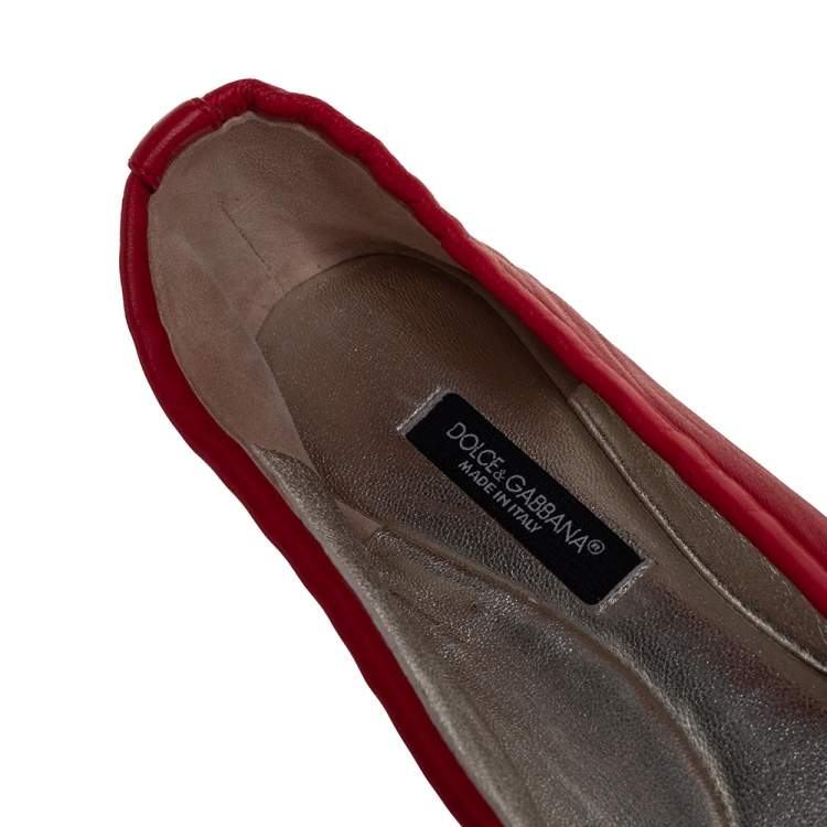 Pre Owned Dolce & Gabbana Red Leather Bow Ballet Flats Size 38.5