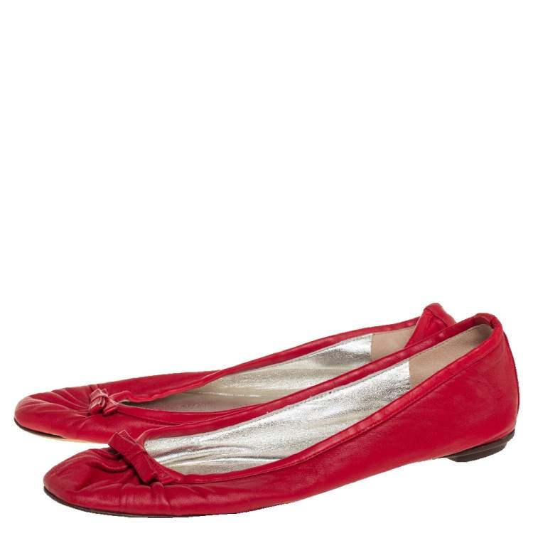 Pre Owned Dolce & Gabbana Red Leather Bow Ballet Flats Size 38.5