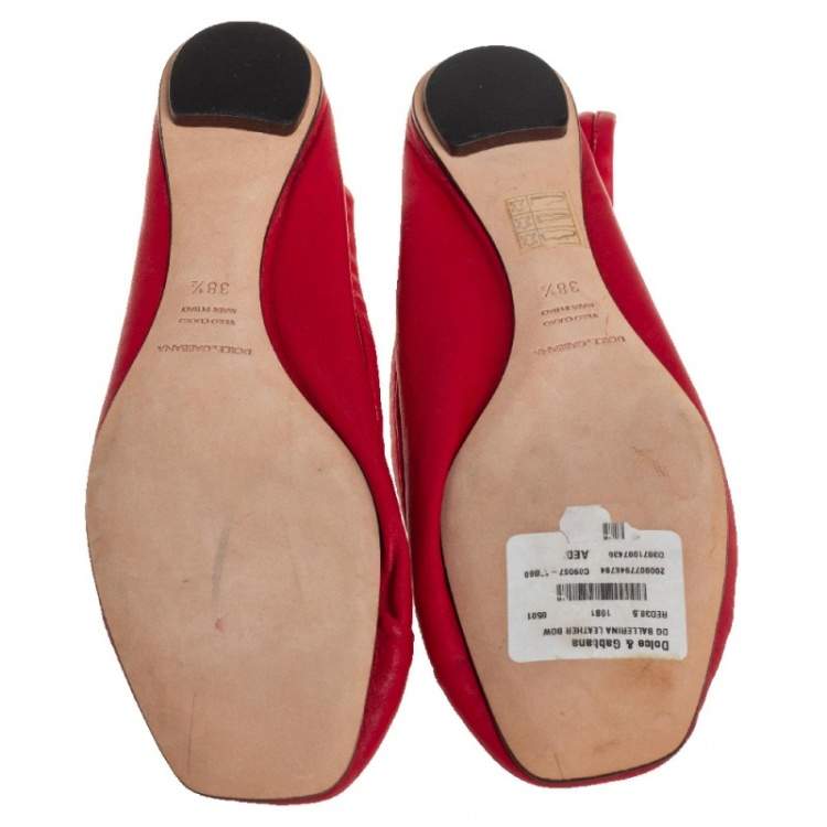Pre Owned Dolce & Gabbana Red Leather Bow Ballet Flats Size 38.5
