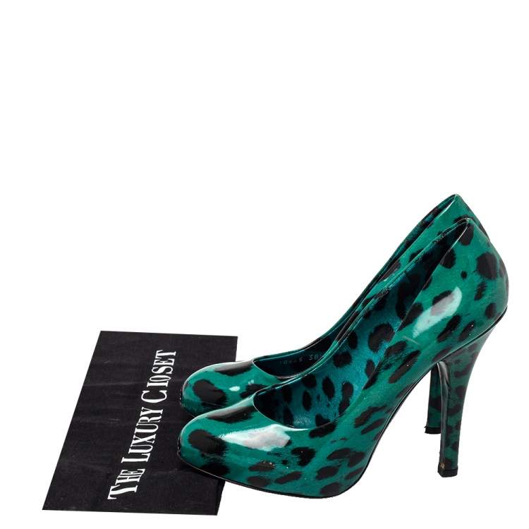 Pre Owned Dolce & Gabbana Green Leopard Print Patent Leather Pumps Size 38.5