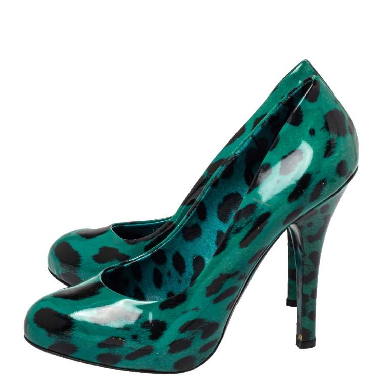 Pre Owned Dolce & Gabbana Green Leopard Print Patent Leather Pumps Size 38.5