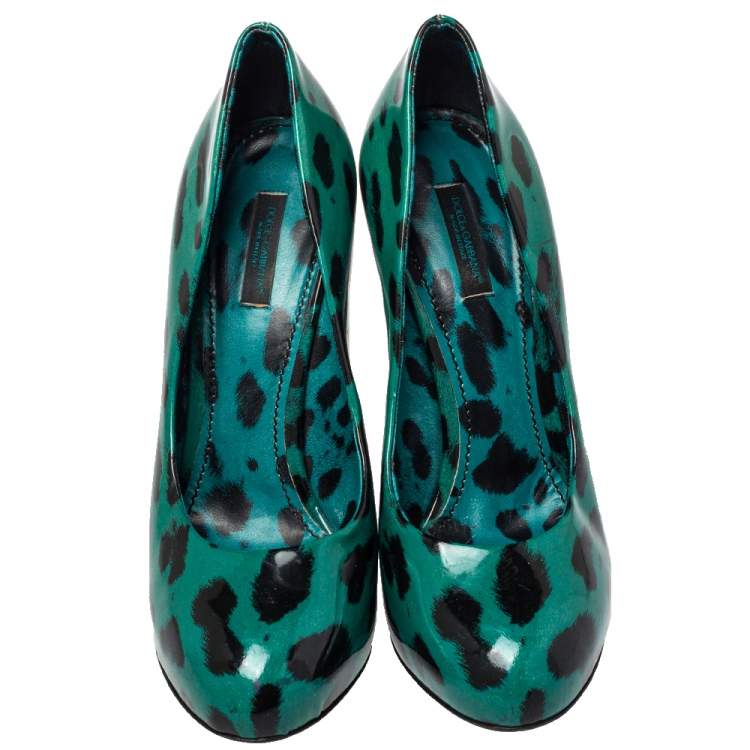 Pre Owned Dolce & Gabbana Green Leopard Print Patent Leather Pumps Size 38.5