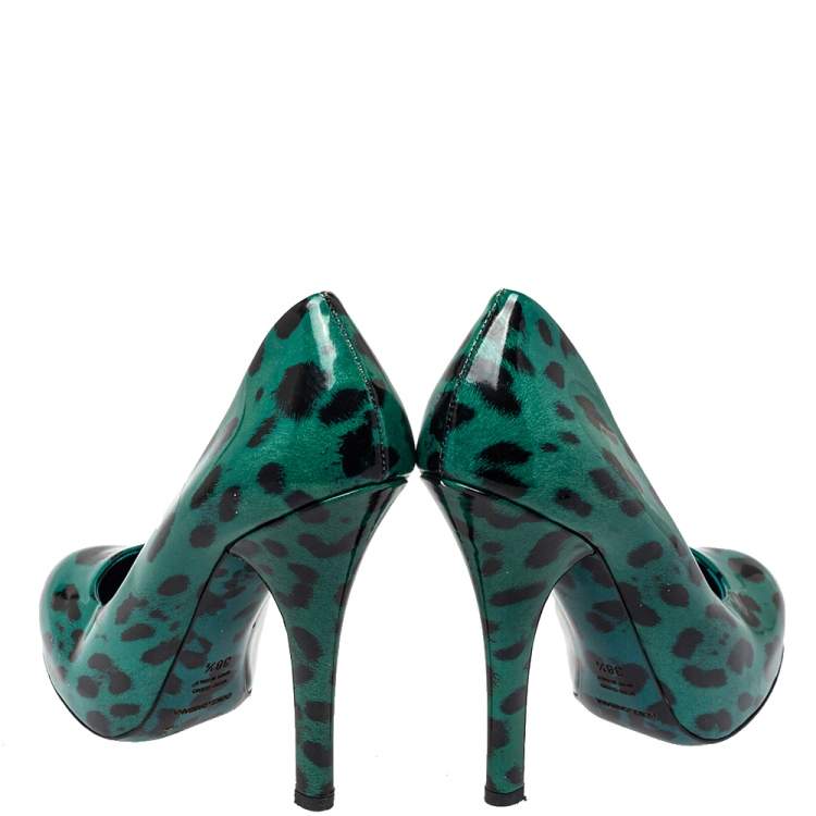 Pre Owned Dolce & Gabbana Green Leopard Print Patent Leather Pumps Size 38.5