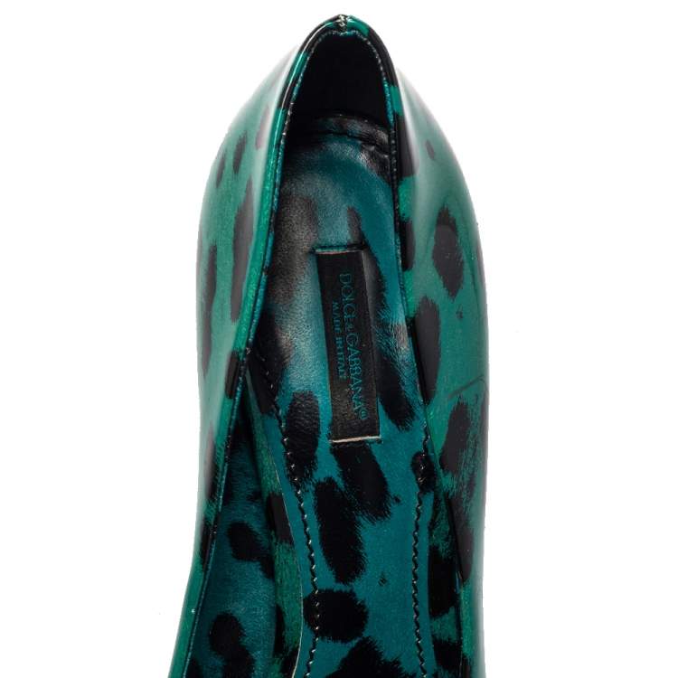Pre Owned Dolce & Gabbana Green Leopard Print Patent Leather Pumps Size 38.5