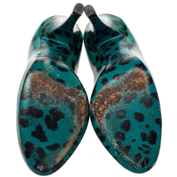 Pre Owned Dolce & Gabbana Green Leopard Print Patent Leather Pumps Size 38.5
