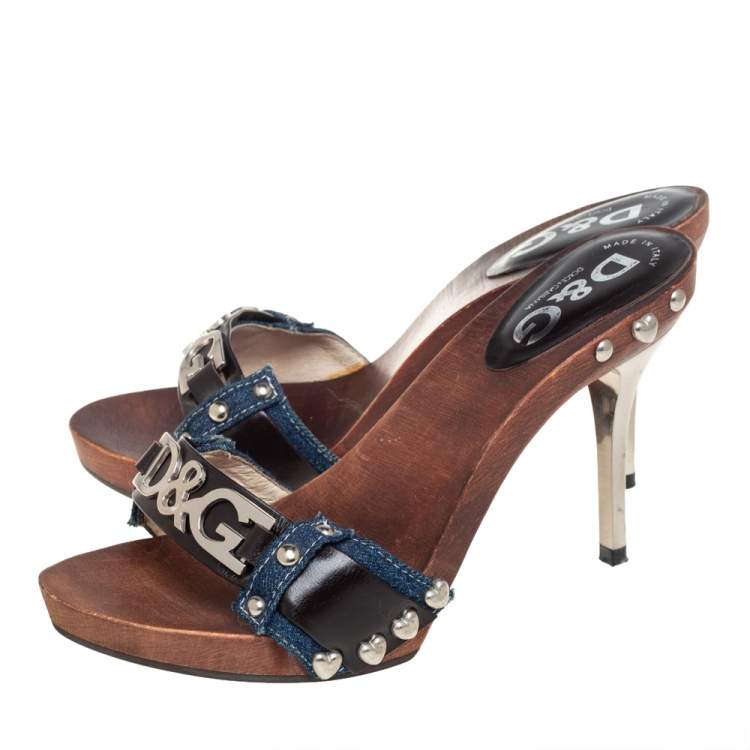 Pre Owned Dolce & Gabbana Blue Canvas And Leather Slip On Sandals Size 37