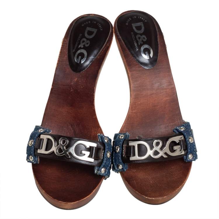 Pre Owned Dolce & Gabbana Blue Canvas And Leather Slip On Sandals Size 37