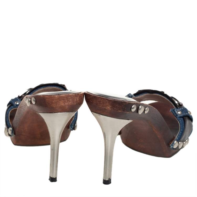 Pre Owned Dolce & Gabbana Blue Canvas And Leather Slip On Sandals Size 37