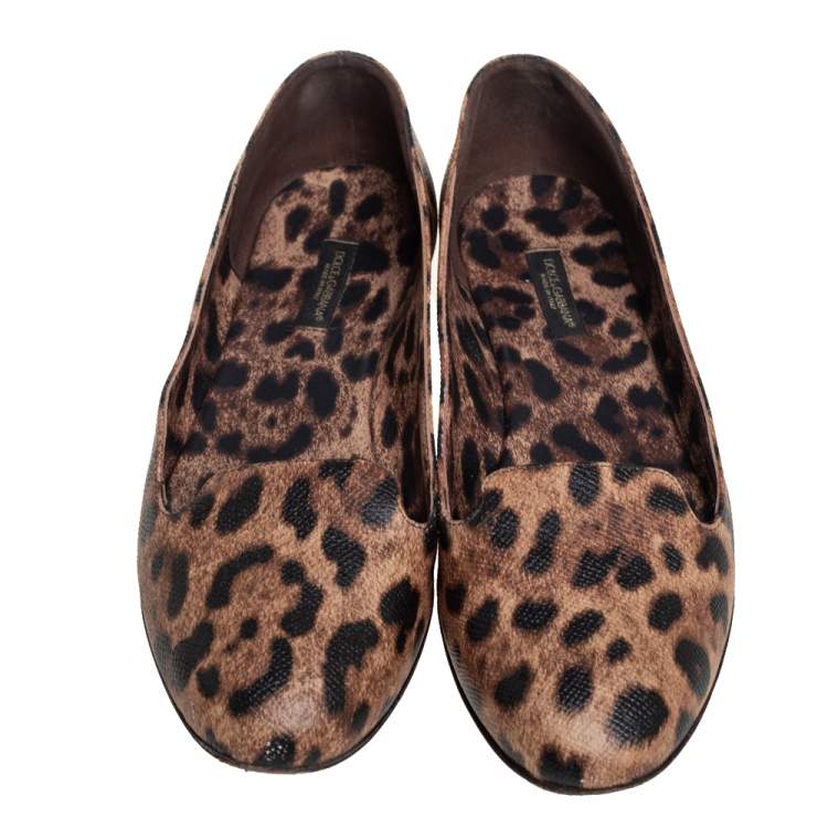 Pre Owned Dolce & Gabbana Brown Leopard Print Coated Canvas Ballet  Flats Size 39