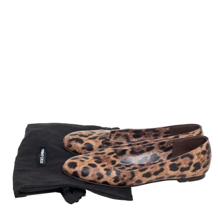 Pre Owned Dolce & Gabbana Brown Leopard Print Coated Canvas Ballet  Flats Size 39