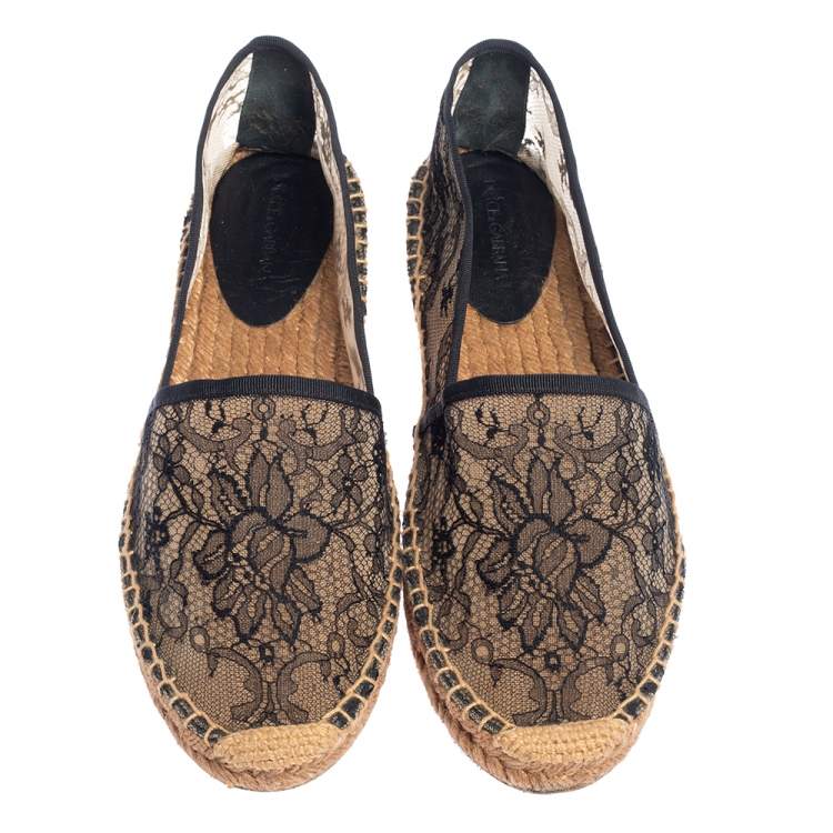 مملوكة مسبقًا Dolce & Gabbana Black/Beige Lace Espadrille Flats Size 41