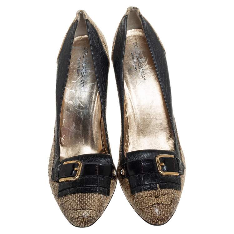 Pre Owned Dolce & Gabbana Black/Beige Python and Leather Buckle Detail Fringe Pumps Size 37.5