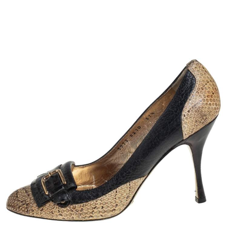 Pre Owned Dolce & Gabbana Black/Beige Python and Leather Buckle Detail Fringe Pumps Size 37.5