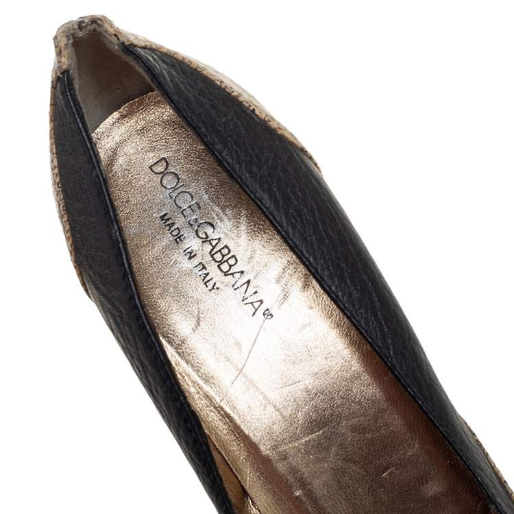Pre Owned Dolce & Gabbana Black/Beige Python and Leather Buckle Detail Fringe Pumps Size 37.5