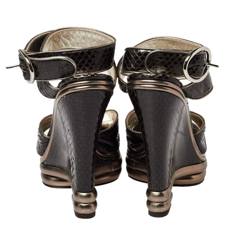 Pre Owned Dolce & Gabbana Black Python Leather  Cross Strap Platform Sandals Size 38