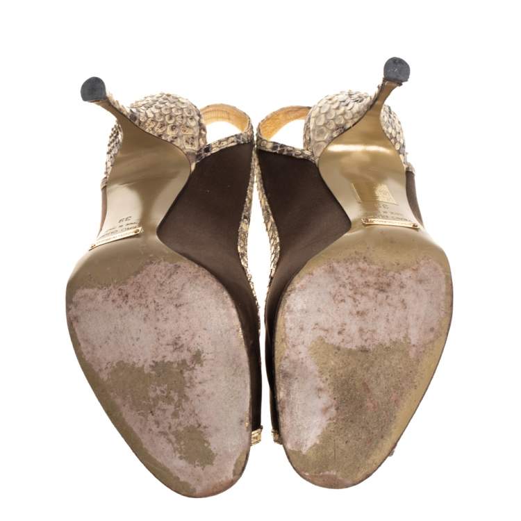 Pre Owned Dolce & Gabbana Green Satin And Python Trim Peep Toe Slingback Sandals Size 39