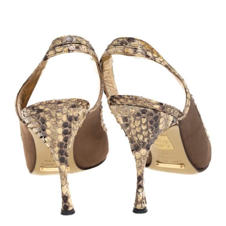 Pre Owned Dolce & Gabbana Green Satin And Python Trim Peep Toe Slingback Sandals Size 39