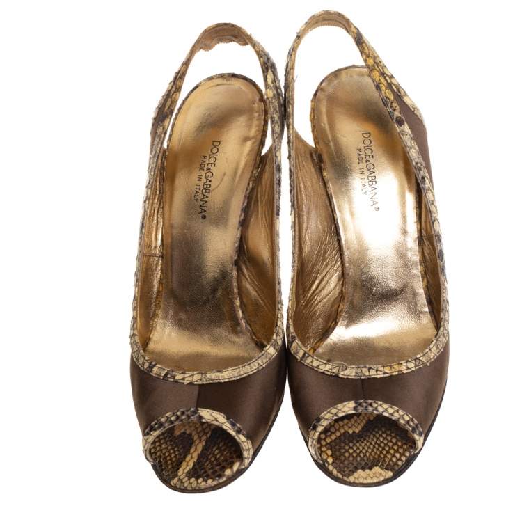 Pre Owned Dolce & Gabbana Green Satin And Python Trim Peep Toe Slingback Sandals Size 39