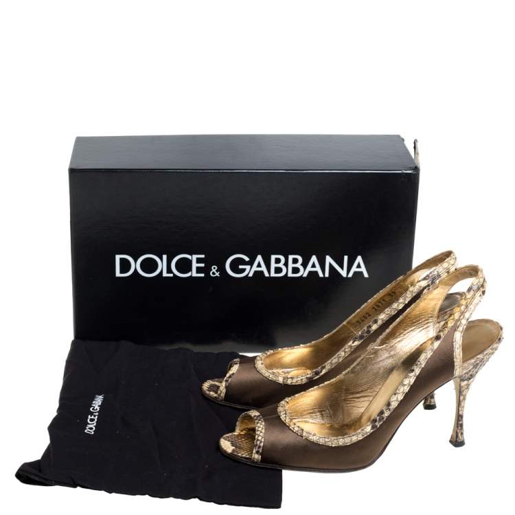 Pre Owned Dolce & Gabbana Green Satin And Python Trim Peep Toe Slingback Sandals Size 39