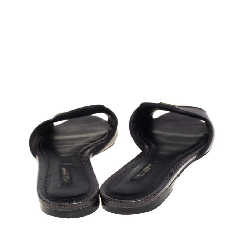 Pre Owned Dolce & Gabbana Dark Grey Lizard Embossed Leather Sofia Slides Size 37.5