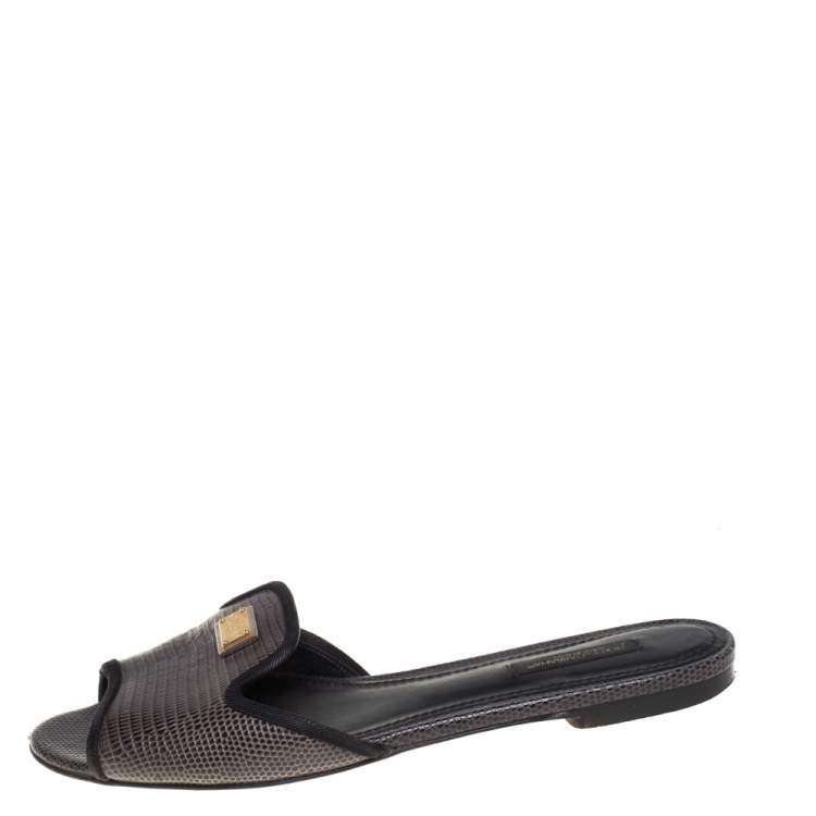 Pre Owned Dolce & Gabbana Dark Grey Lizard Embossed Leather Sofia Slides Size 37.5