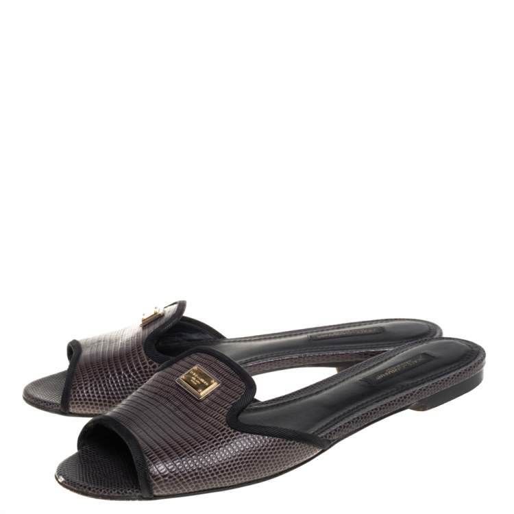 Pre Owned Dolce & Gabbana Dark Grey Lizard Embossed Leather Sofia Slides Size 37.5