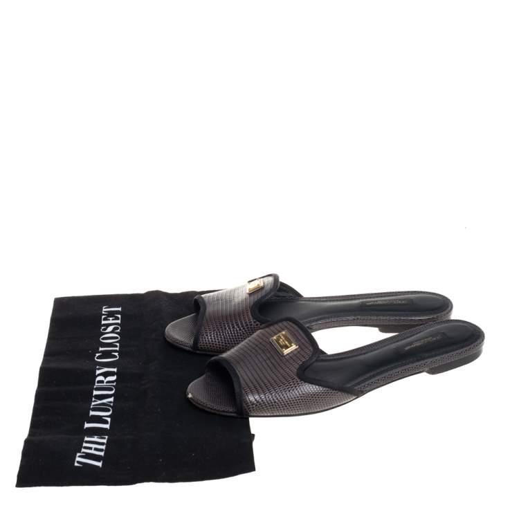 Pre Owned Dolce & Gabbana Dark Grey Lizard Embossed Leather Sofia Slides Size 37.5