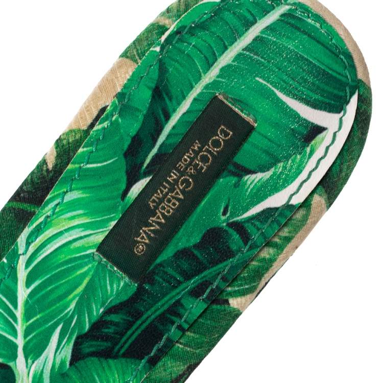 Pre Owned Dolce & Gabbana Green/White Banana Leaf-Print Fabric Crystal Embellished Flat Sandals Size 38.5