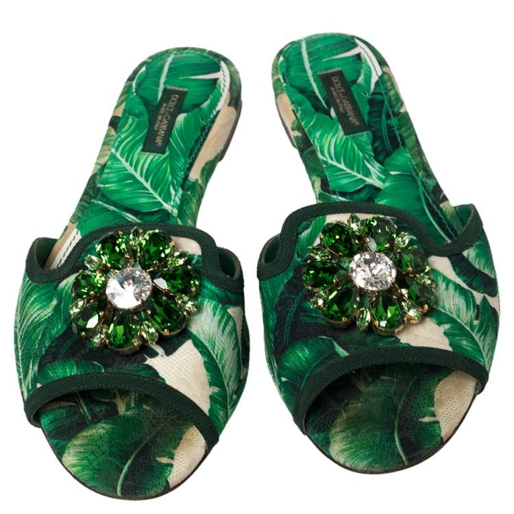 Pre Owned Dolce & Gabbana Green/White Banana Leaf-Print Fabric Crystal Embellished Flat Sandals Size 38.5
