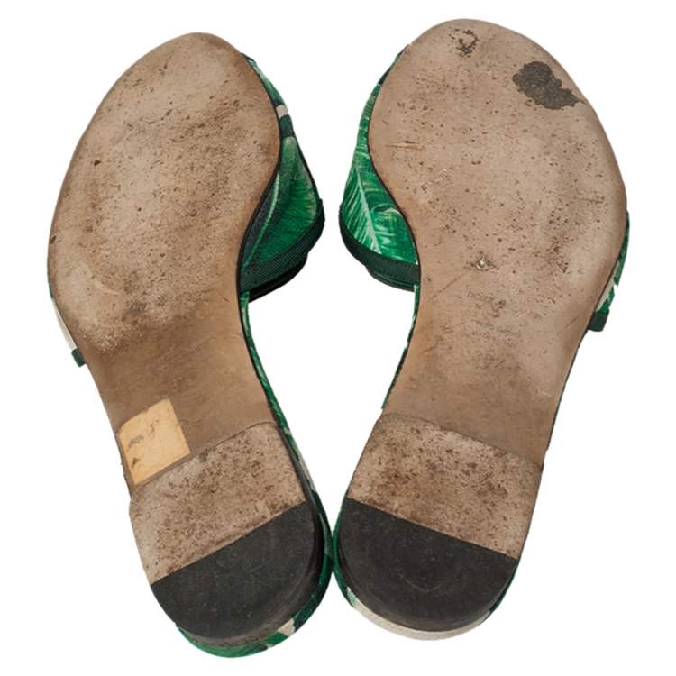 Pre Owned Dolce & Gabbana Green/White Banana Leaf-Print Fabric Crystal Embellished Flat Sandals Size 38.5