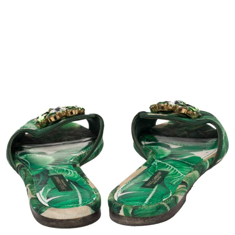 Pre Owned Dolce & Gabbana Green/White Banana Leaf-Print Fabric Crystal Embellished Flat Sandals Size 38.5