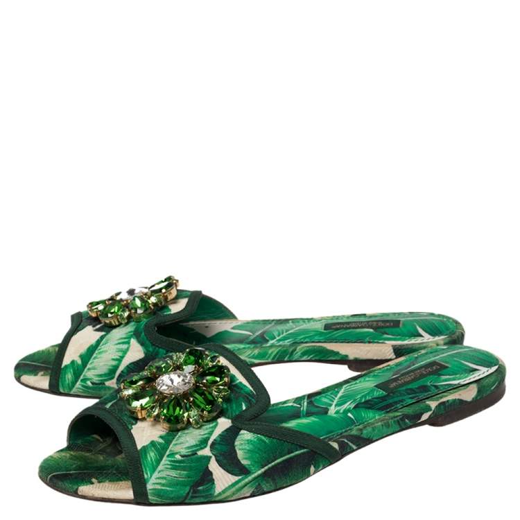 Pre Owned Dolce & Gabbana Green/White Banana Leaf-Print Fabric Crystal Embellished Flat Sandals Size 38.5
