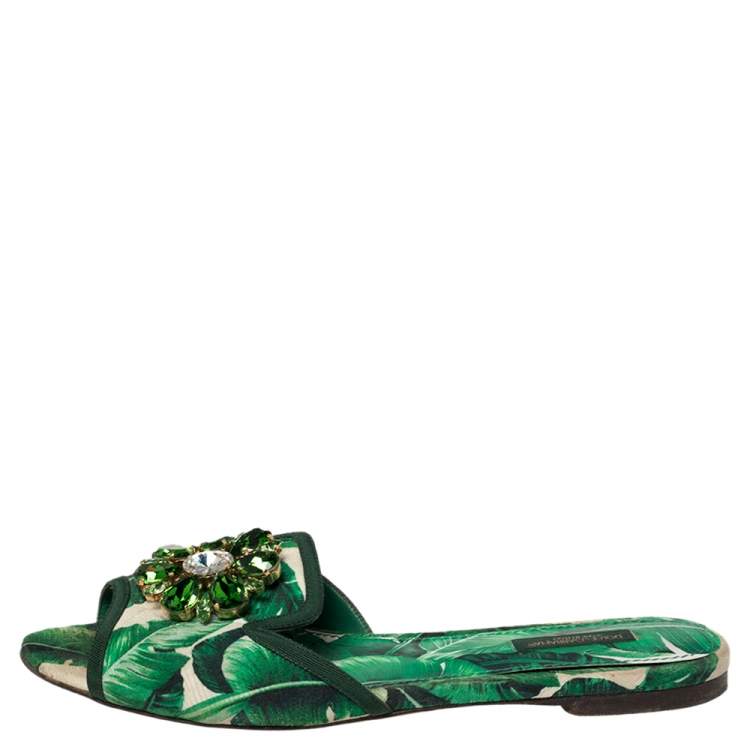 Pre Owned Dolce & Gabbana Green/White Banana Leaf-Print Fabric Crystal Embellished Flat Sandals Size 38.5