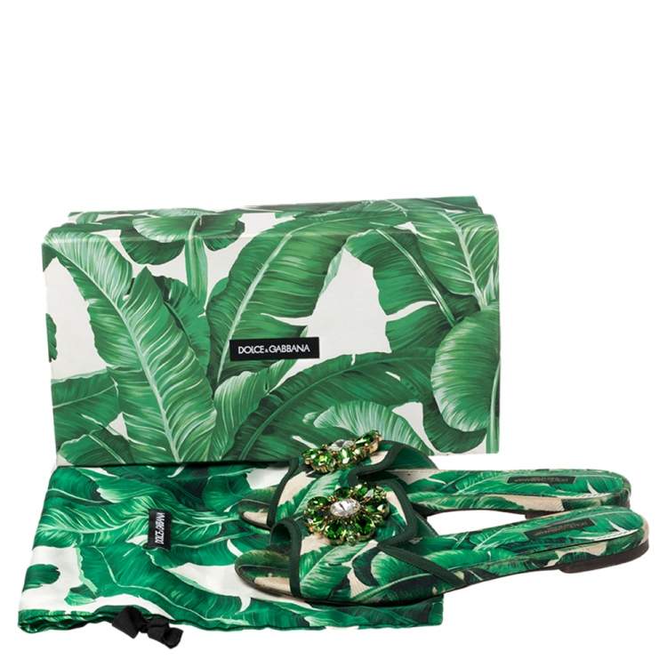 Pre Owned Dolce & Gabbana Green/White Banana Leaf-Print Fabric Crystal Embellished Flat Sandals Size 38.5